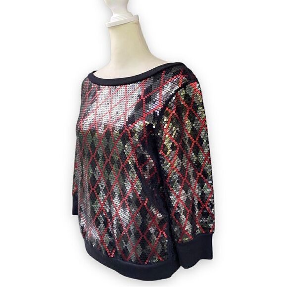 EXPRESS Sequin Argyle Print Boatneck Top - Picture 3 of 11